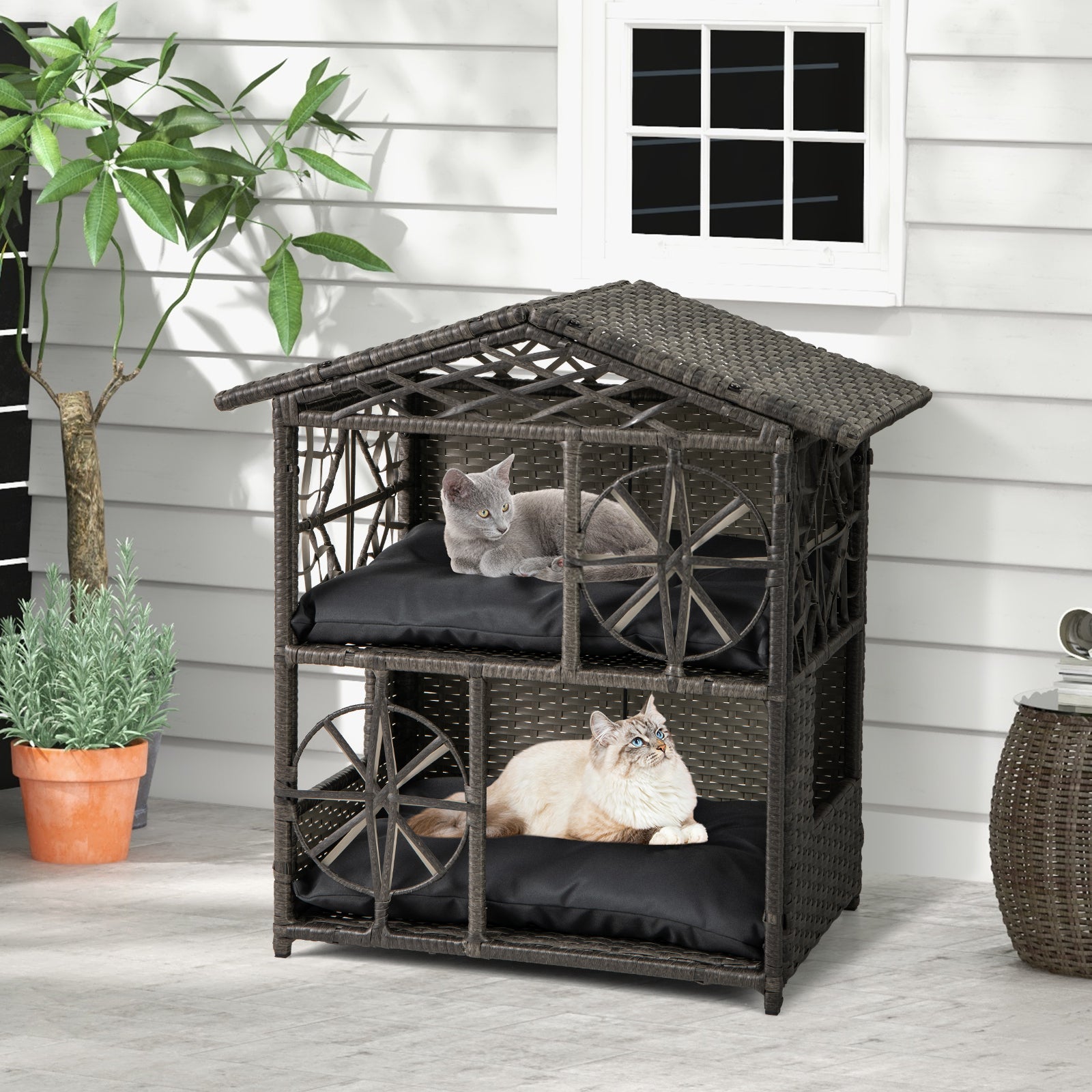 2-storey Wicker Cat House Rattan Kitten Condo Enclosure with Removable Cushions - view 6