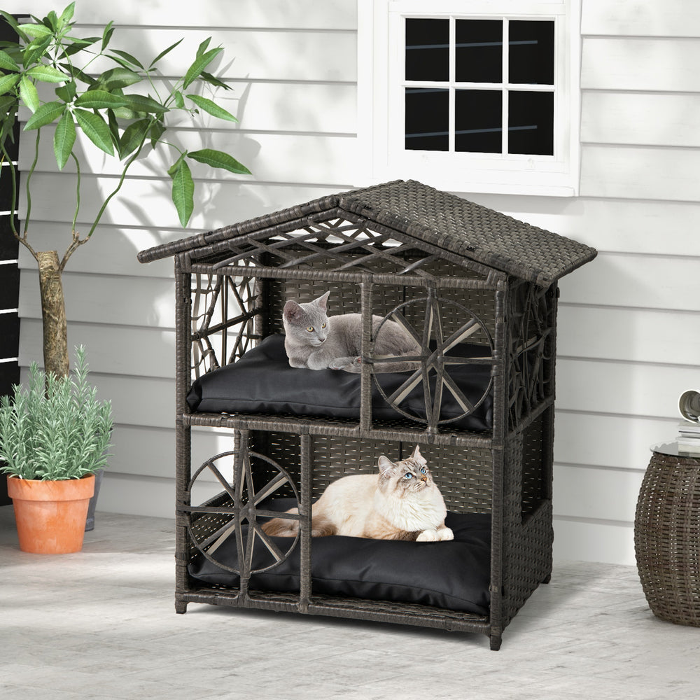 2-storey Wicker Cat House Rattan Kitten Condo Enclosure with Removable Cushions - view 6