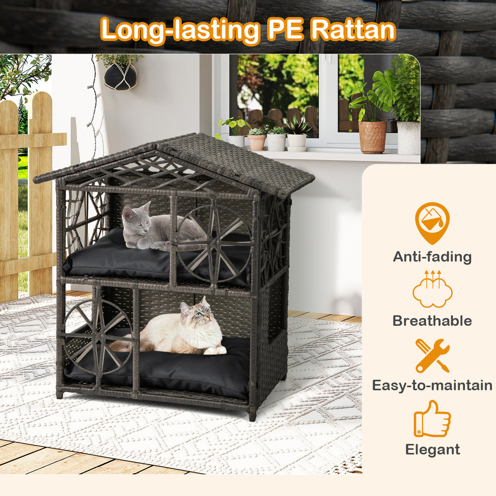 2-storey Wicker Cat House Rattan Kitten Condo Enclosure with Removable Cushions - view 7