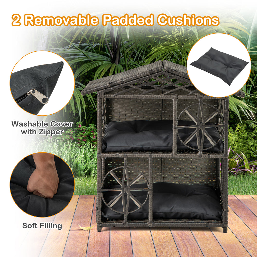2-storey Wicker Cat House Rattan Kitten Condo Enclosure with Removable Cushions - view 8