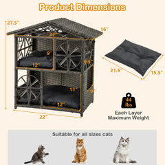 2-storey Wicker Cat House Rattan Kitten Condo Enclosure with Removable Cushions - view 4