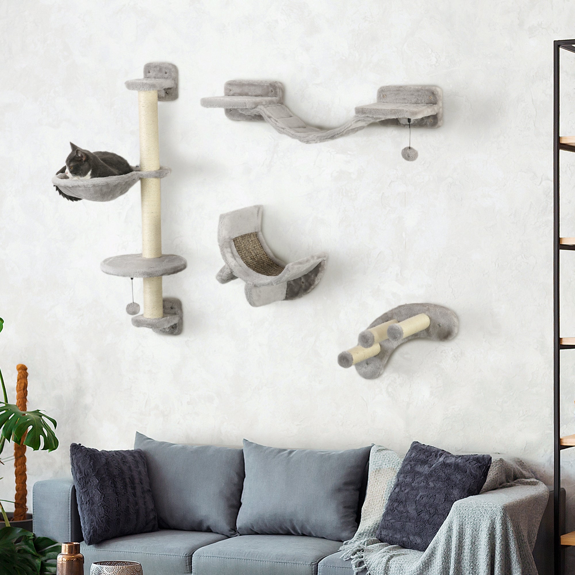 4Pcs Cat Wall Shelf with Scratching Post, Cat Wall Shelves for Relaxing - view 7