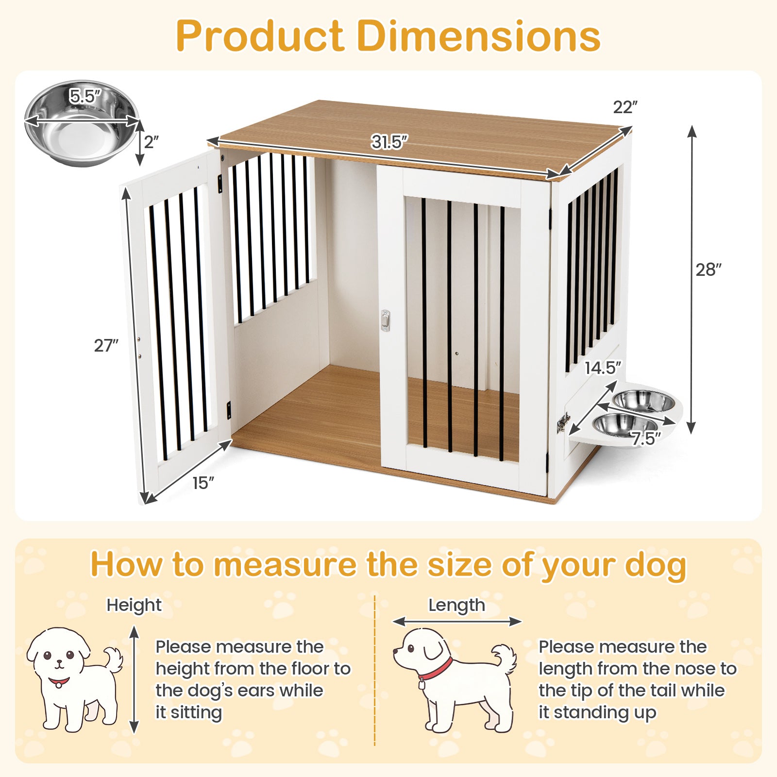 31.5" Dog Crate Furniture Wooden Dog Kennel with Double Lock Doors - view 5
