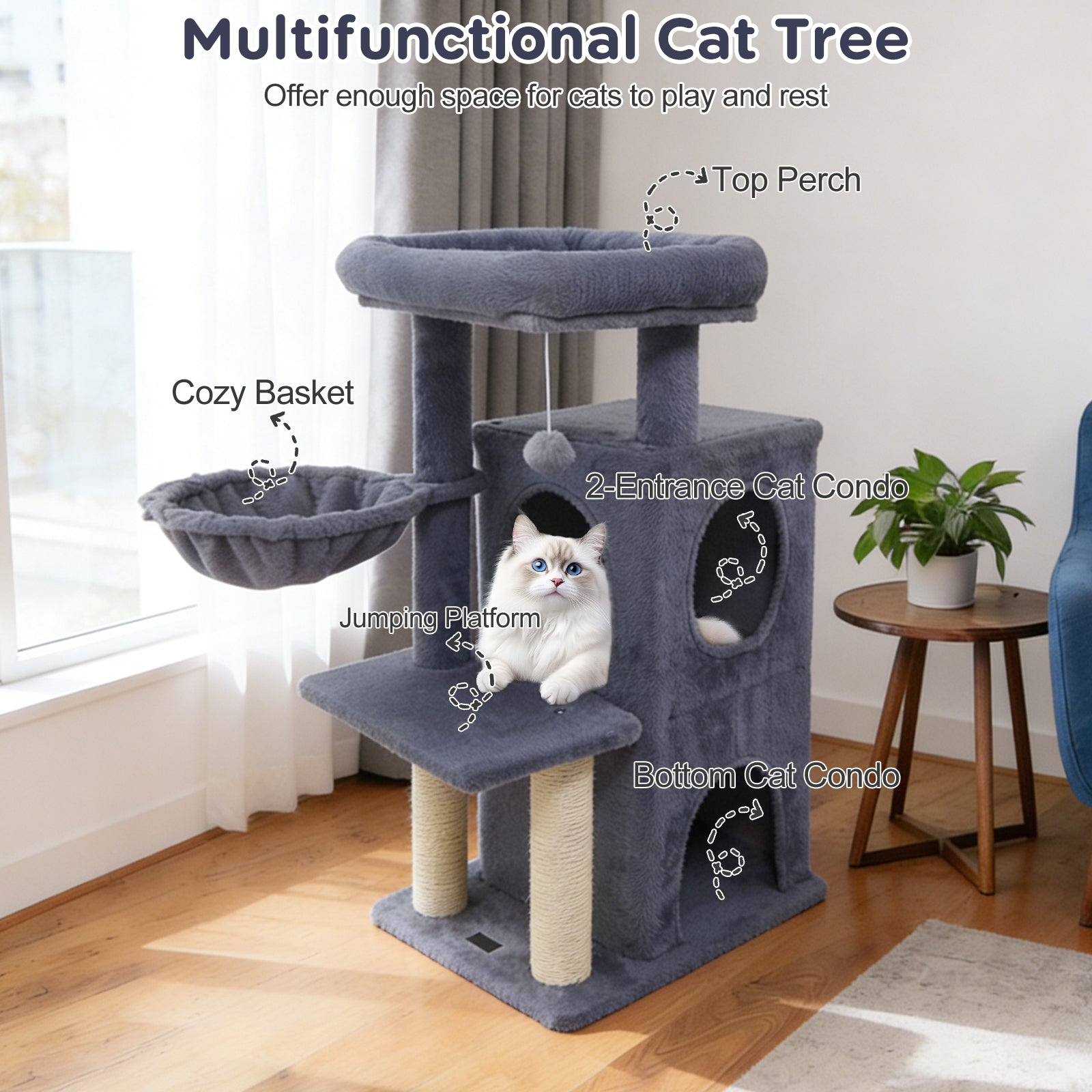33.5 Inch Cute Kitten Tower with 2-Tier Condo and Padded Top Perch Cat Tree - view 7