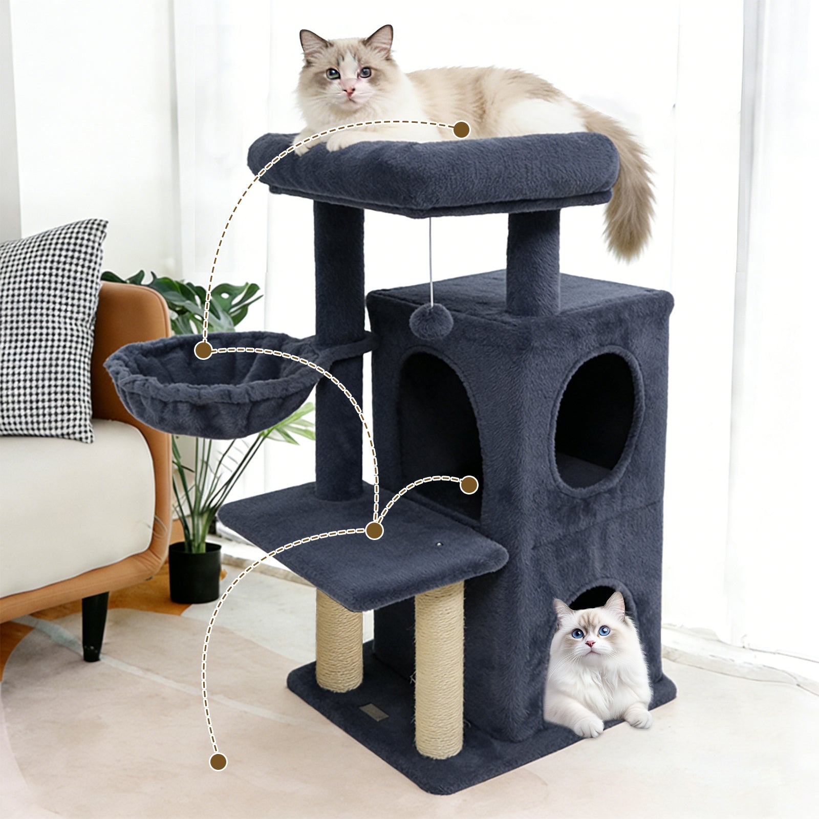 33.5 Inch Cute Kitten Tower with 2-Tier Condo and Padded Top Perch Cat Tree - view 3
