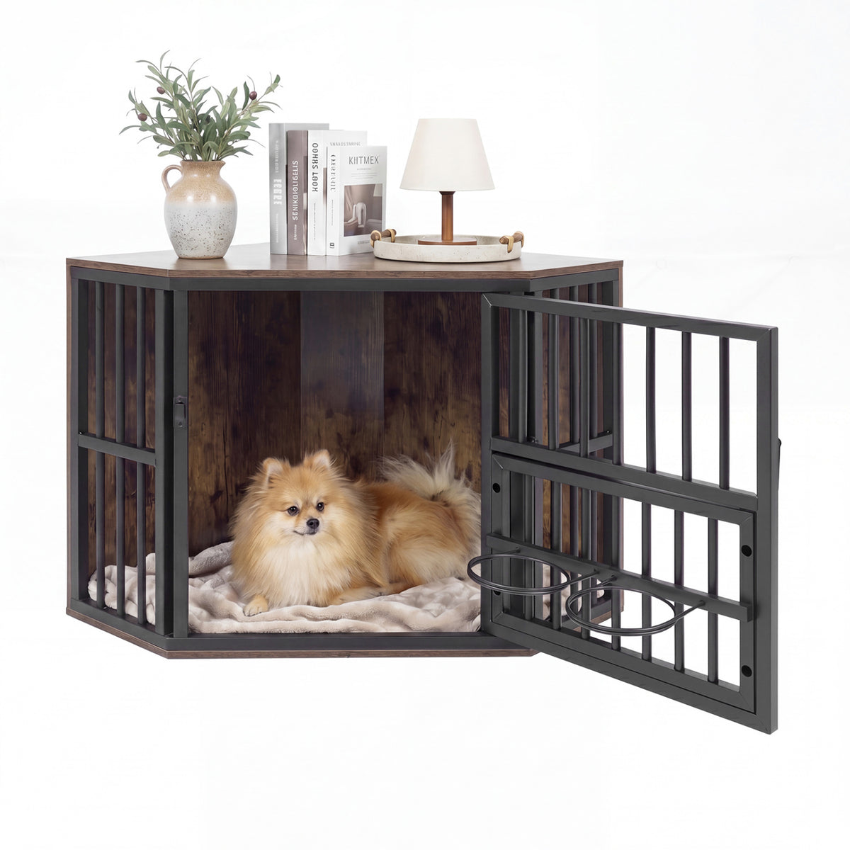 35.5 inches Wooden Dog Kennel End Table with 3-Position Dog Bowl Rack