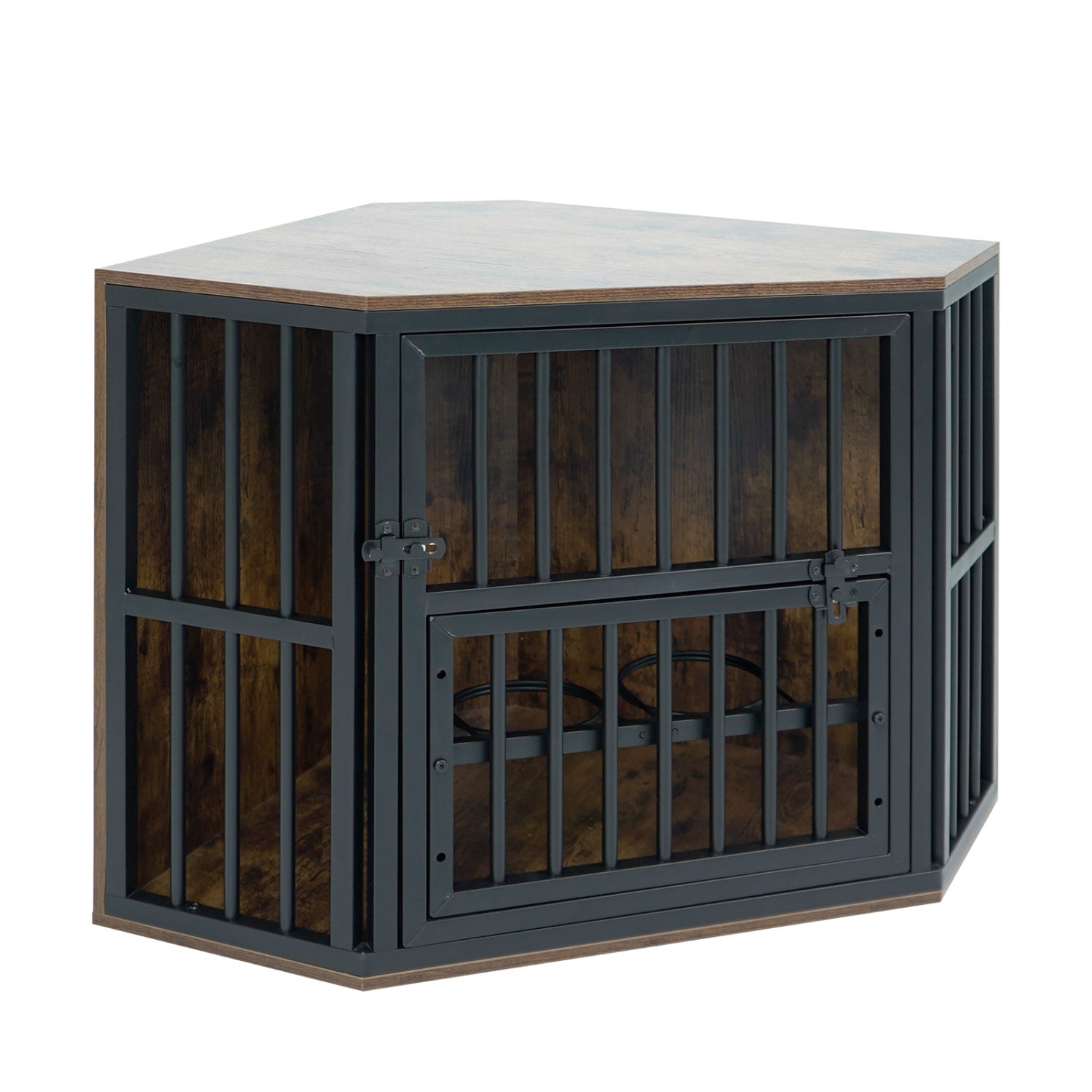 35.5 inches Wooden Dog Kennel End Table with 3-Position Dog Bowl Rack - view 7