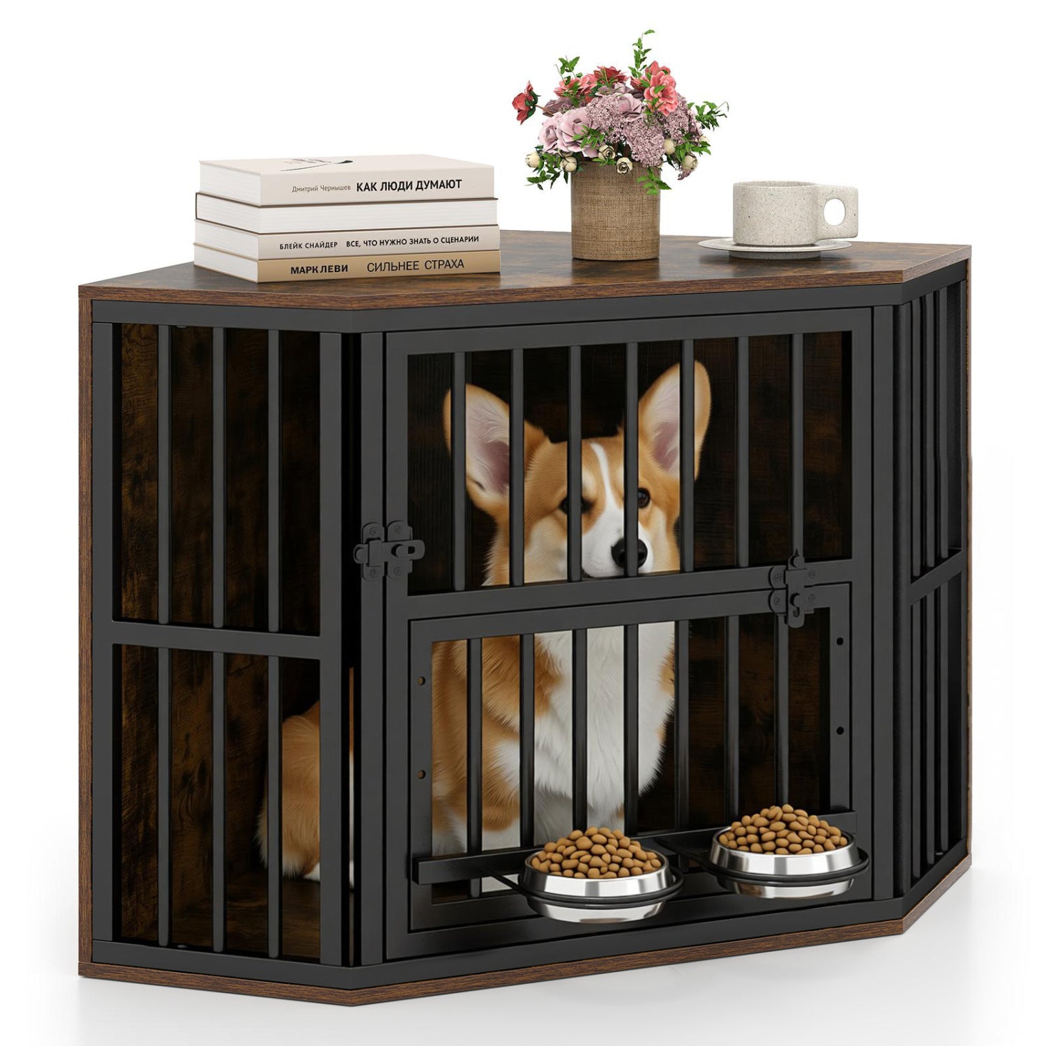 35.5 inches Wooden Dog Kennel End Table with 3-Position Dog Bowl Rack - view 4