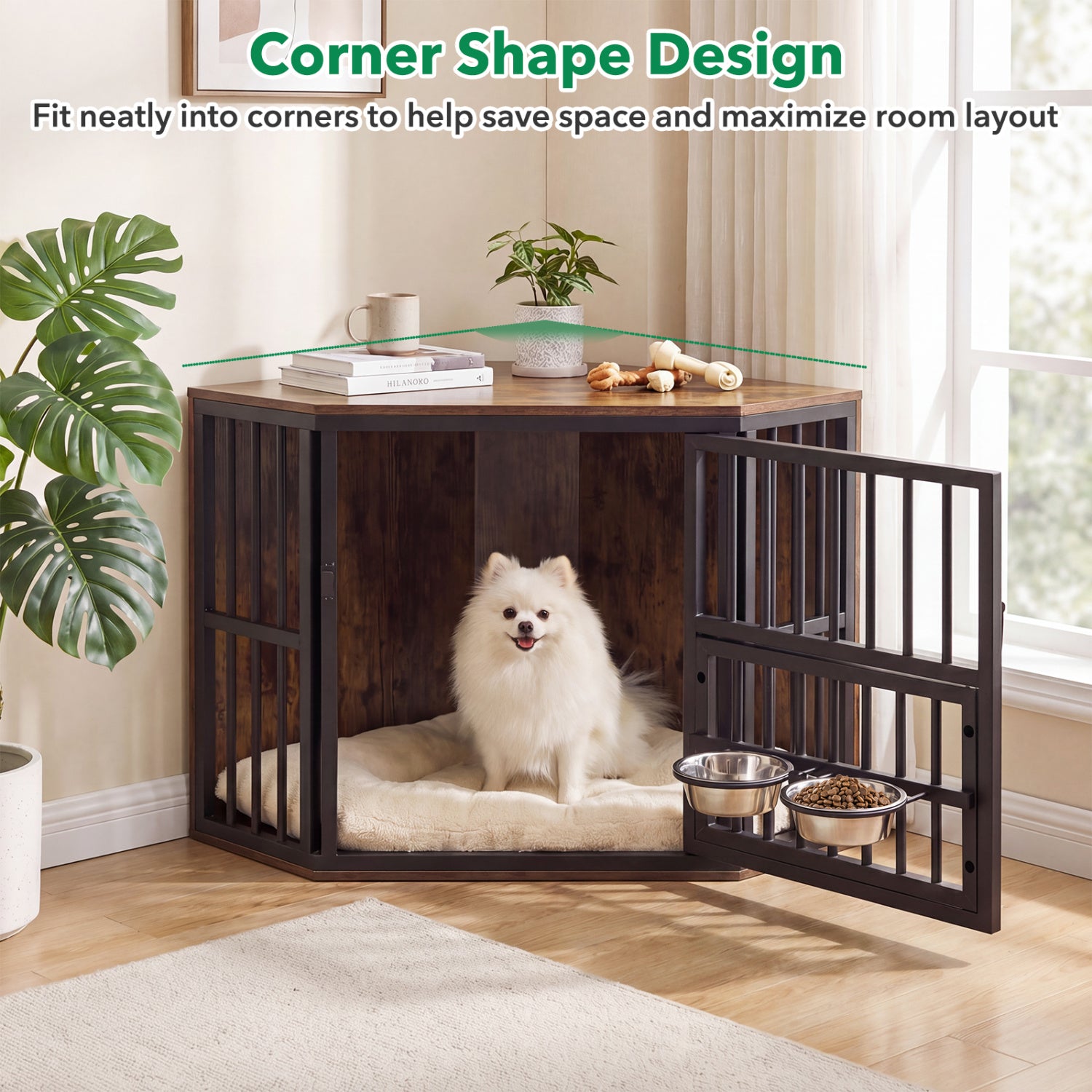 35.5 inches Wooden Dog Kennel End Table with 3-Position Dog Bowl Rack - view 6