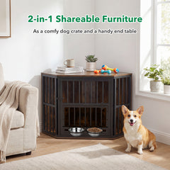 35.5 inches Wooden Dog Kennel End Table with 3-Position Dog Bowl Rack - view 3