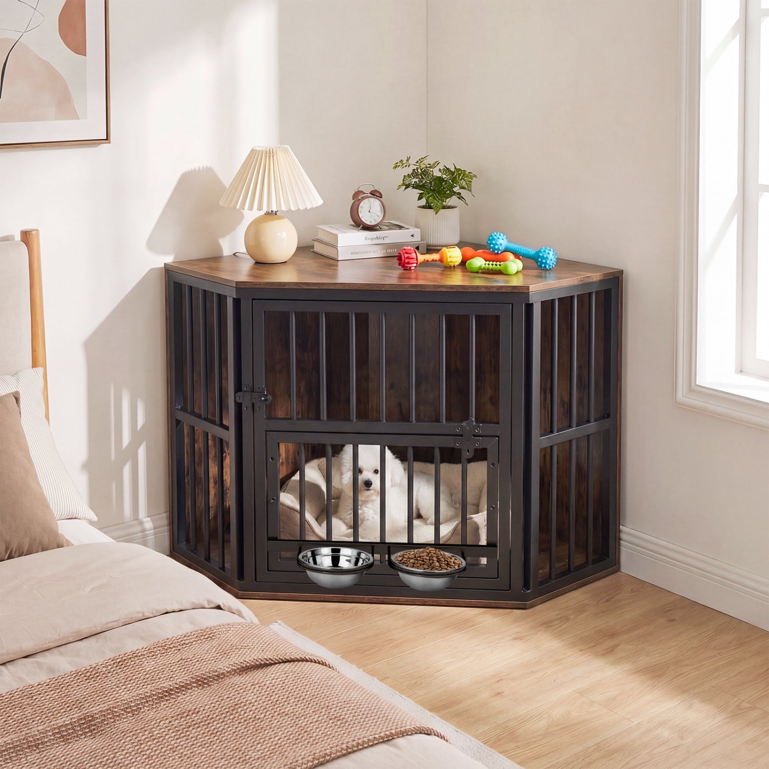 35.5 inches Wooden Dog Kennel End Table with 3-Position Dog Bowl Rack - view 2
