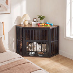 35.5 inches Wooden Dog Kennel End Table with 3-Position Dog Bowl Rack - view 2