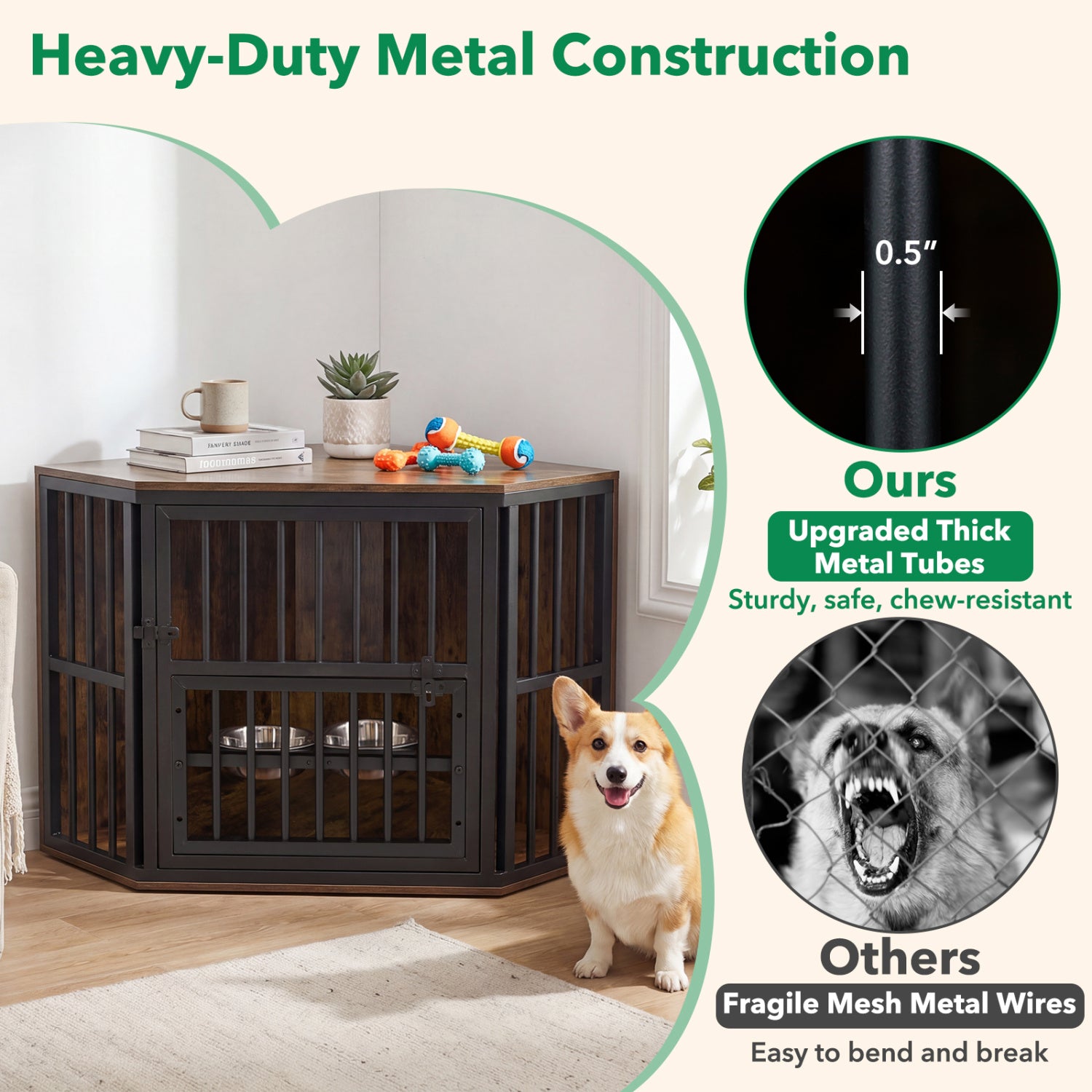 35.5 inches Wooden Dog Kennel End Table with 3-Position Dog Bowl Rack - view 8