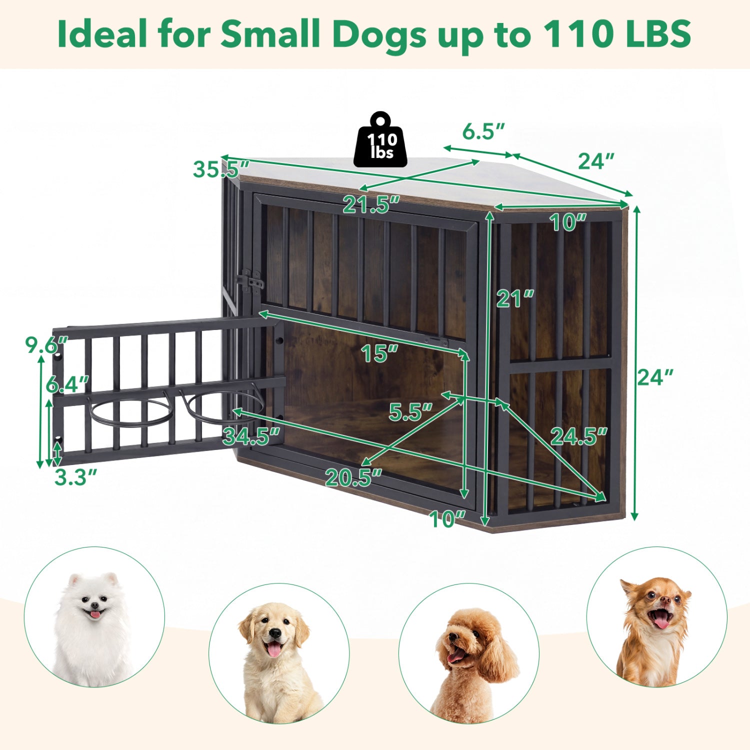 35.5 inches Wooden Dog Kennel End Table with 3-Position Dog Bowl Rack - view 5