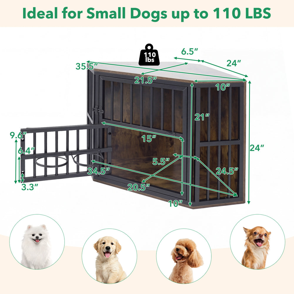 35.5 inches Wooden Dog Kennel End Table with 3-Position Dog Bowl Rack - view 5