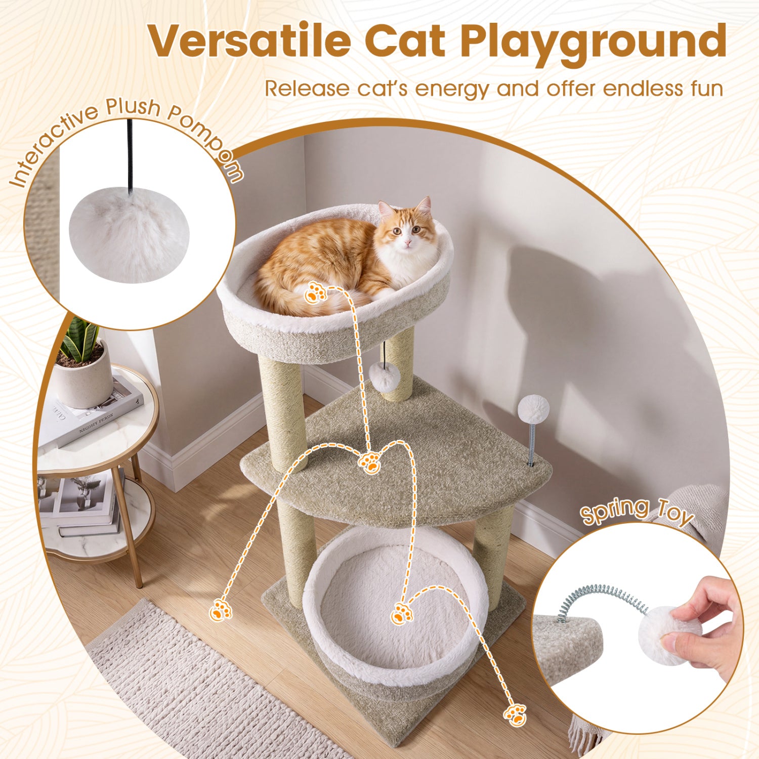 36" Carpeted Cat Tree with Plush Perches Scratching Posts and Dangling Ball - view 8