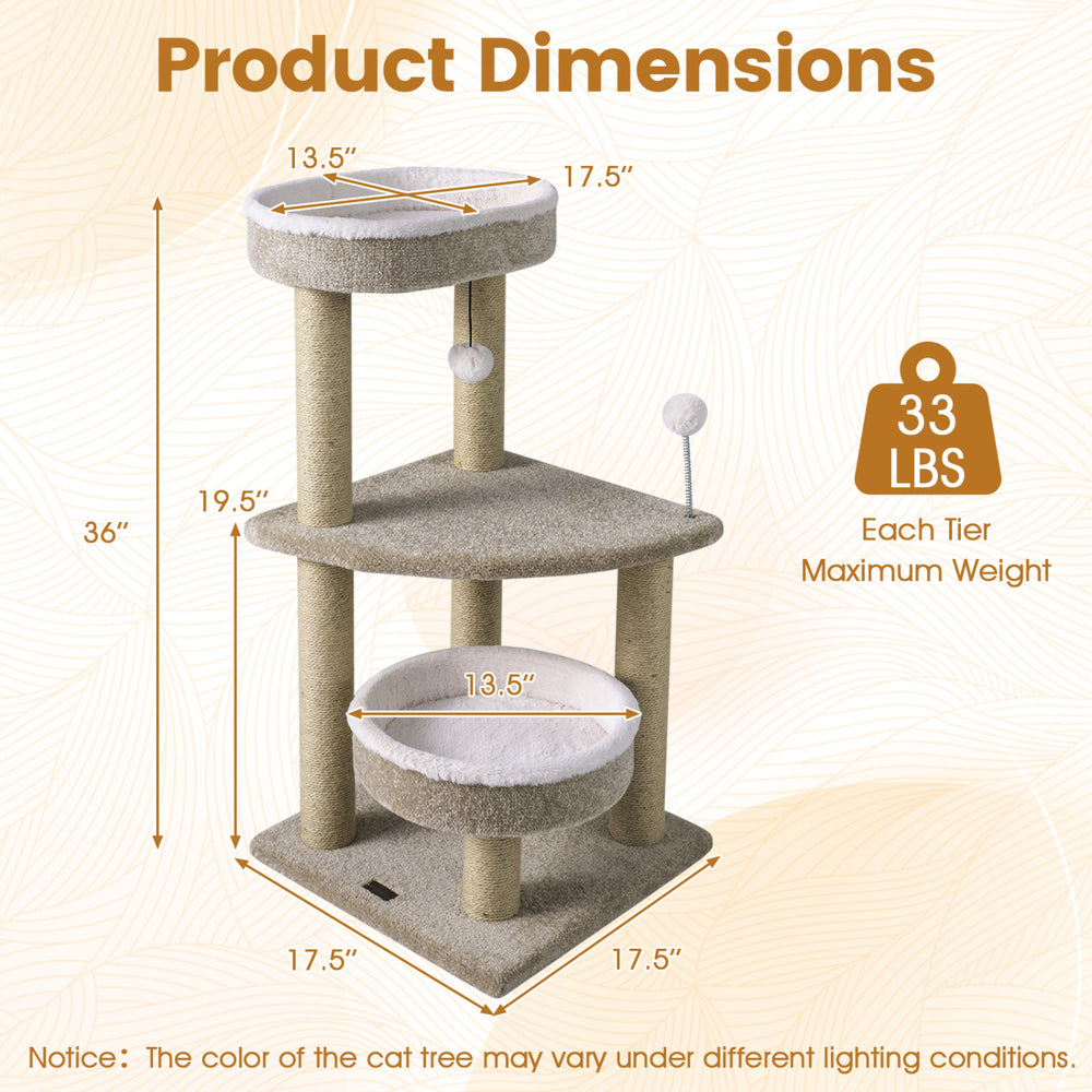 36" Carpeted Cat Tree with Plush Perches Scratching Posts and Dangling Ball - view 5