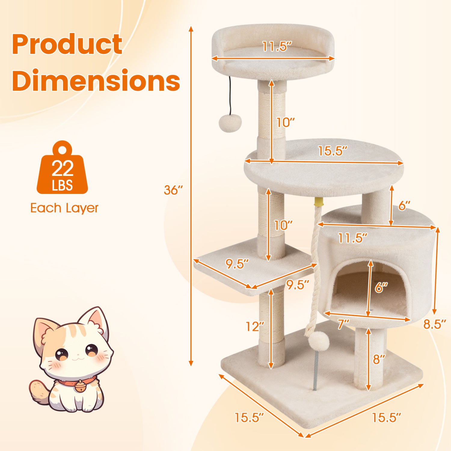 36 Inch Tall Kitten Tower with Condo and Plush Perch Cat Tree - view 5