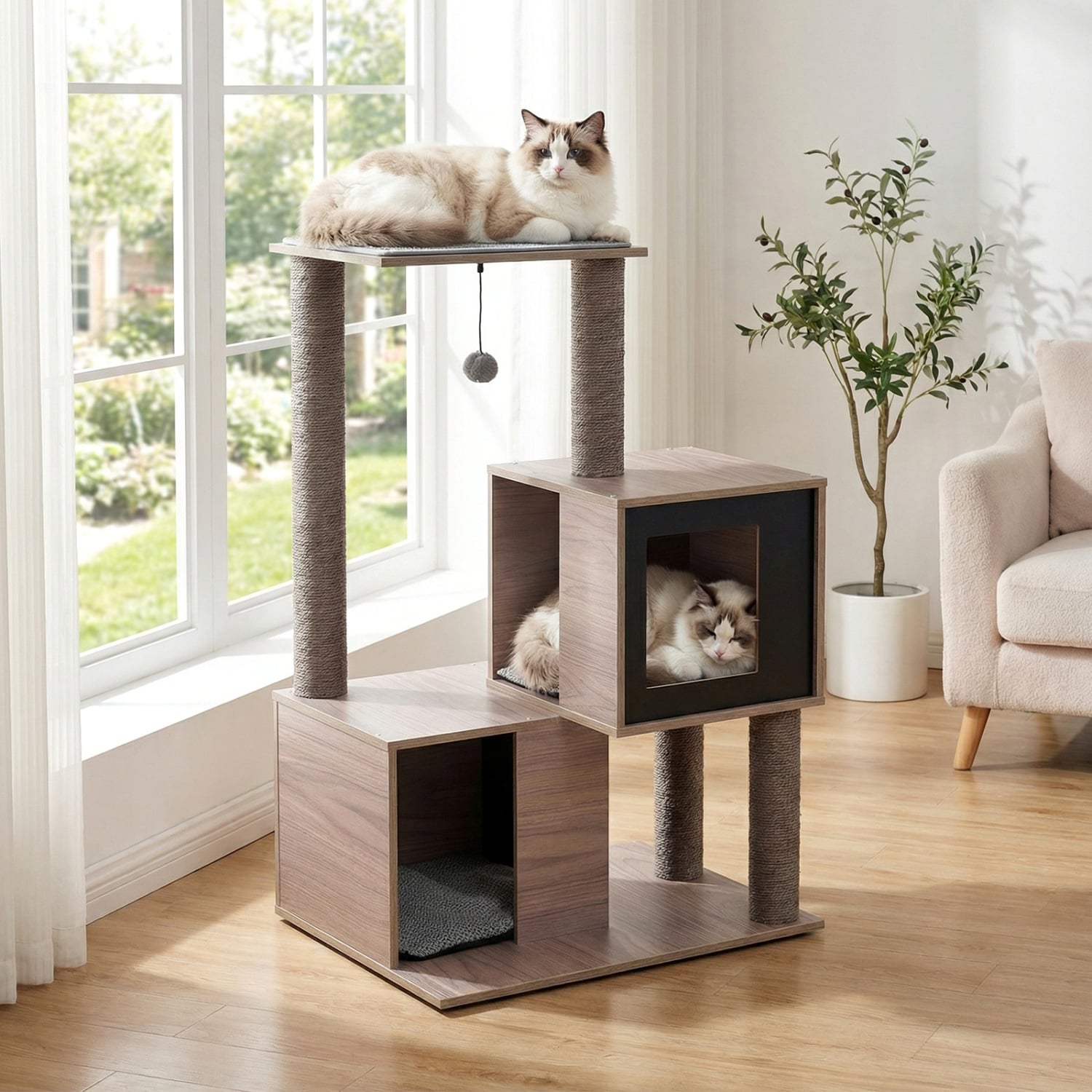 37 Inch Multi-Level Wooden Cat Tower with Condos and Perch Cat Tree - view 2