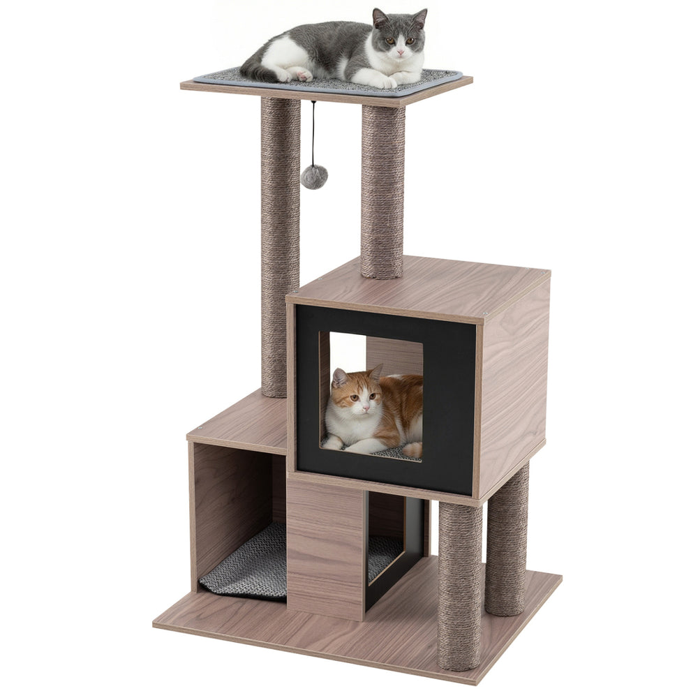 37 Inch Multi-Level Wooden Cat Tower with Condos and Perch Cat Tree