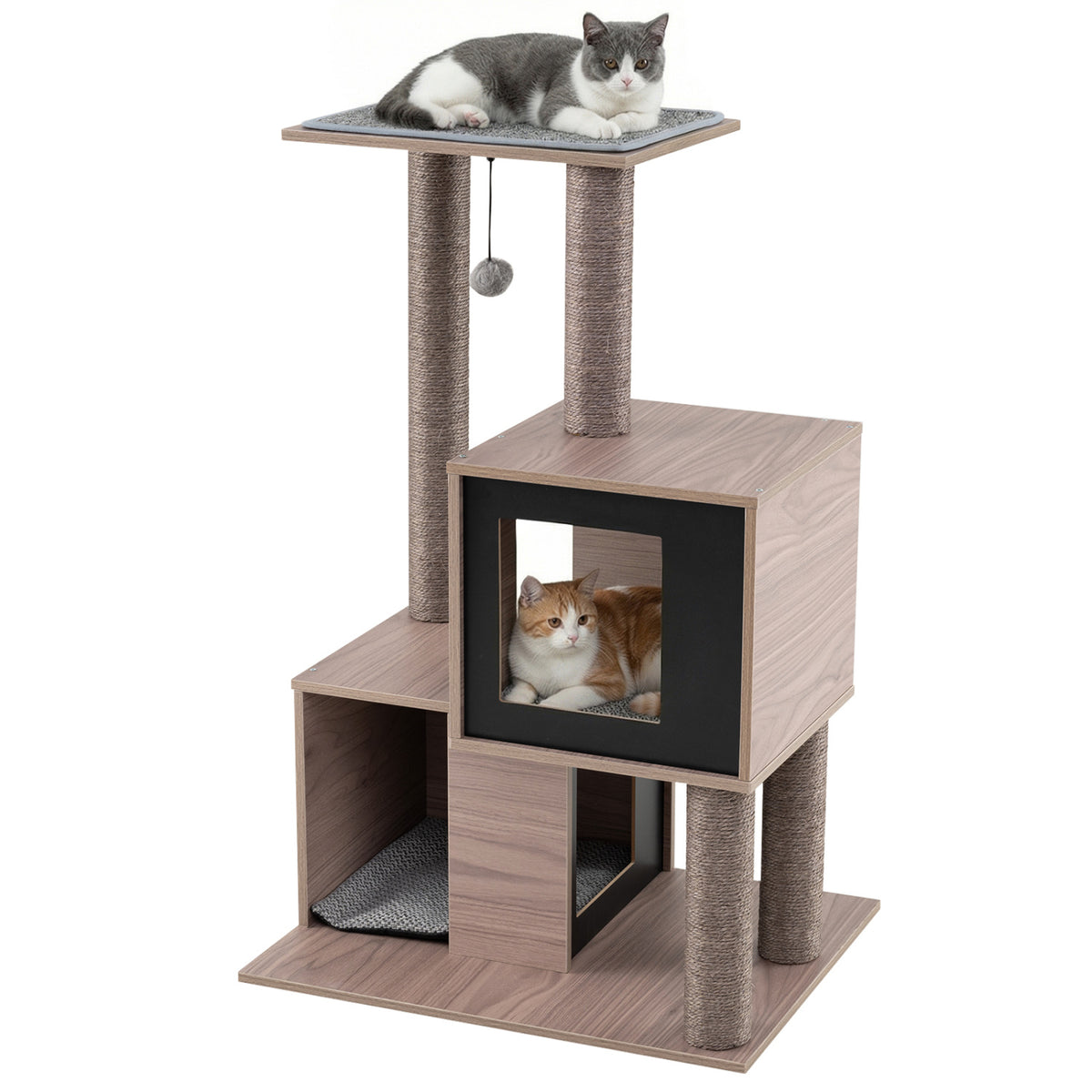 37 Inch Multi-Level Wooden Cat Tower with Condos and Perch Cat Tree