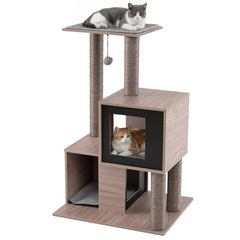 37 Inch Multi-Level Wooden Cat Tower with Condos and Perch Cat Tree
