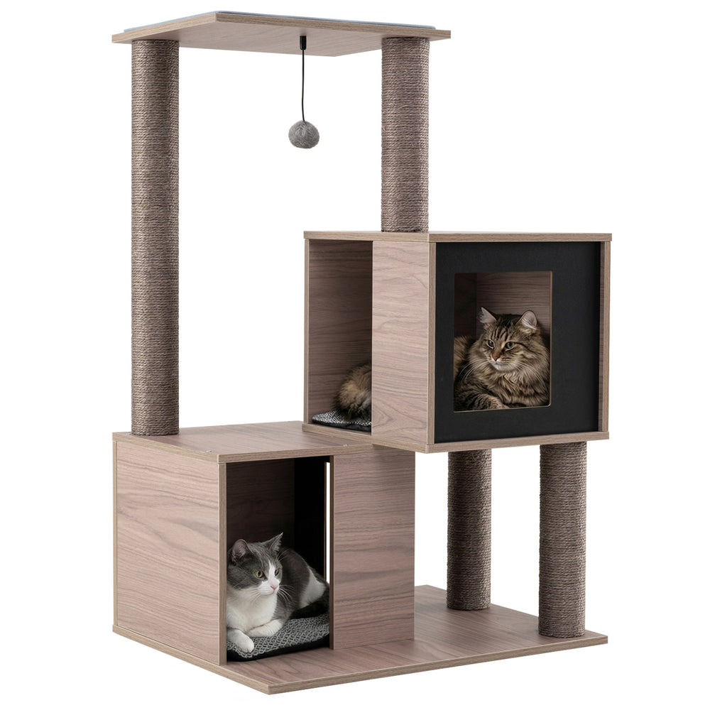 37 Inch Multi-Level Wooden Cat Tower with Condos and Perch Cat Tree - view 4