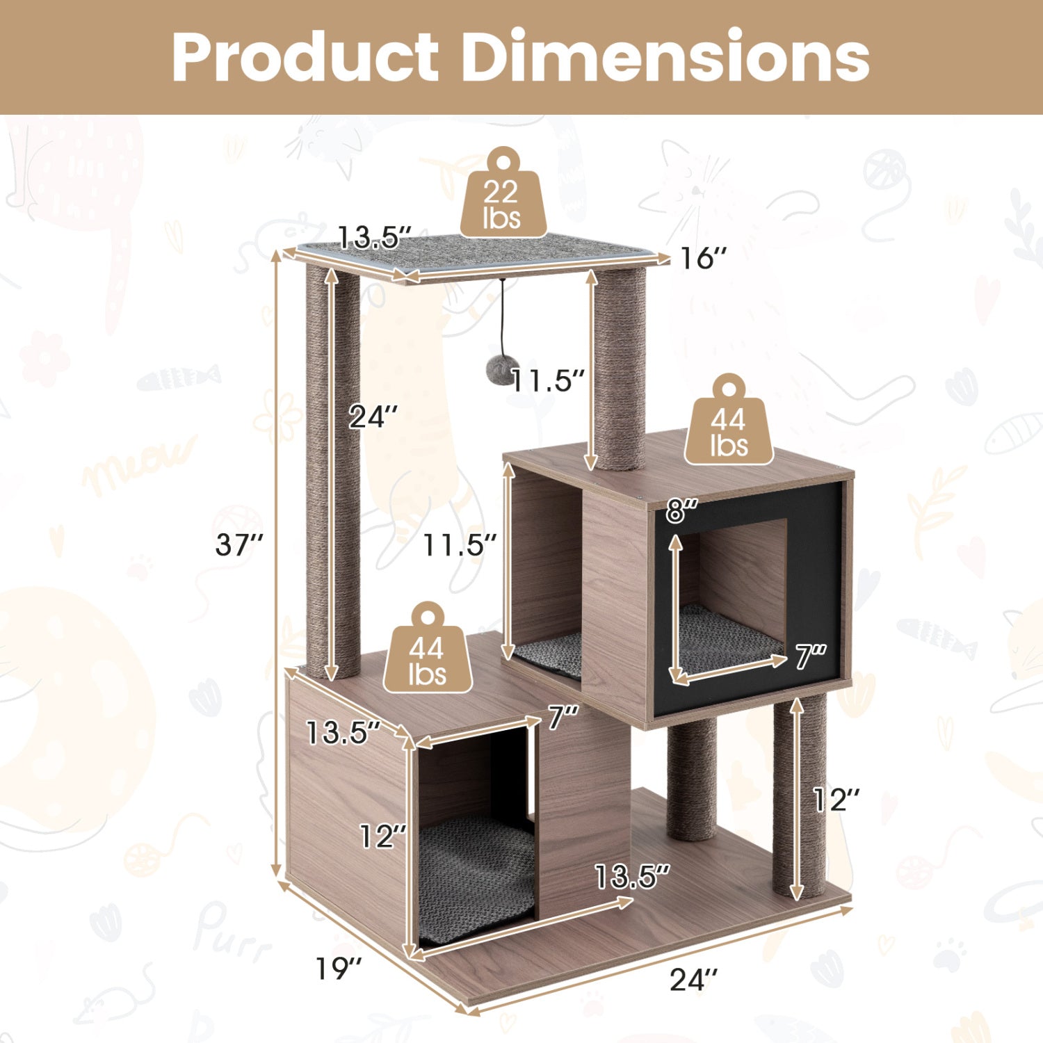 37 Inch Multi-Level Wooden Cat Tower with Condos and Perch Cat Tree - view 5