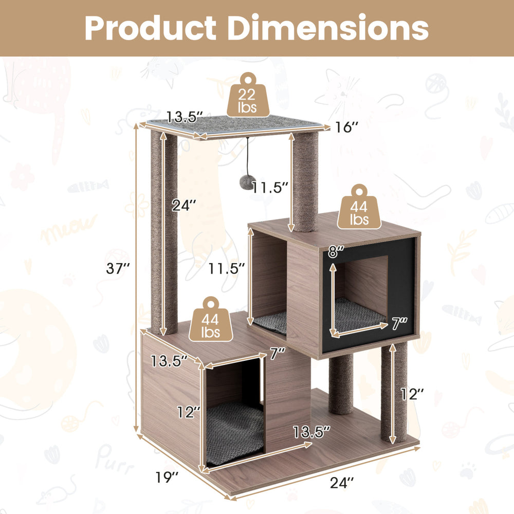 37 Inch Multi-Level Wooden Cat Tower with Condos and Perch Cat Tree - view 5