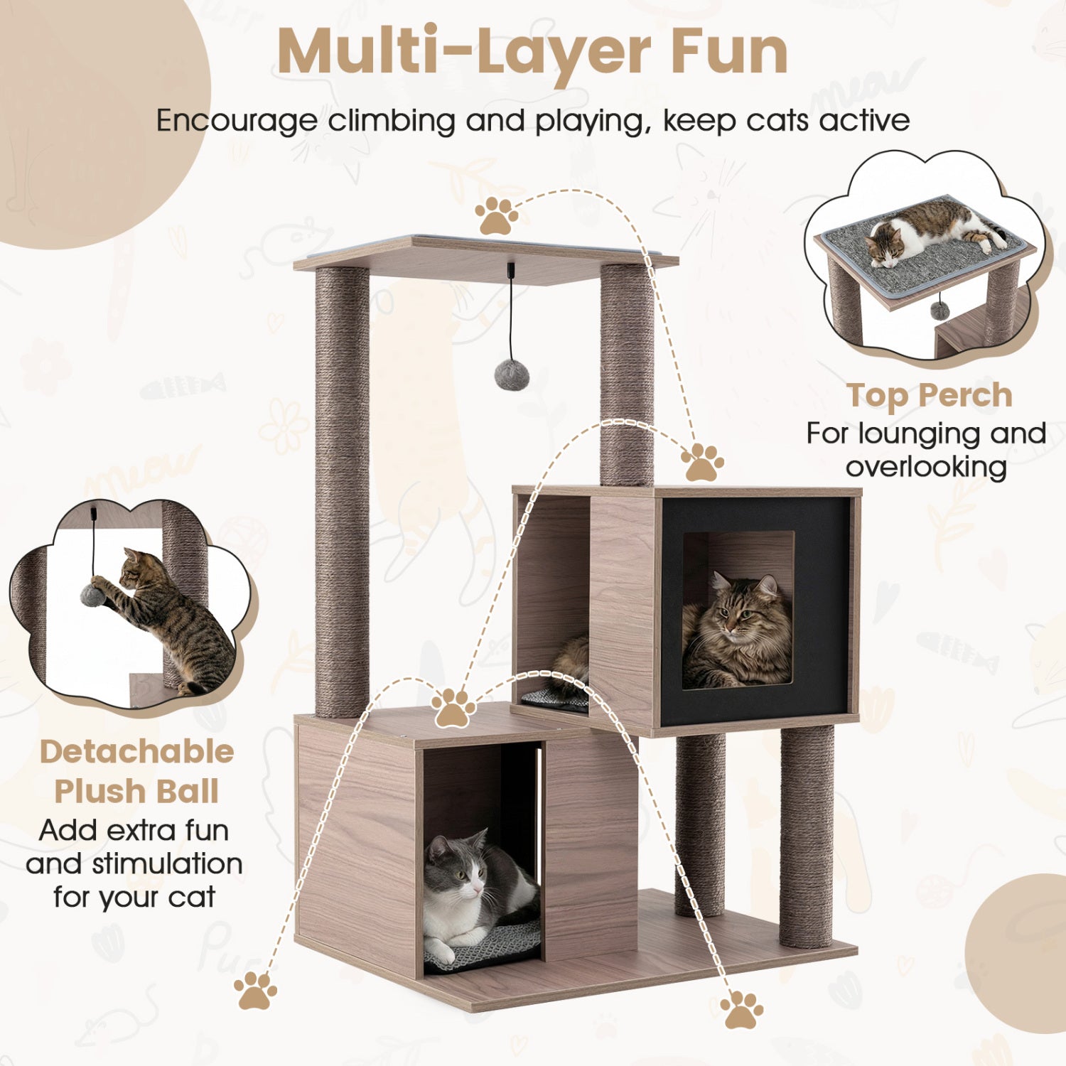 37 Inch Multi-Level Wooden Cat Tower with Condos and Perch Cat Tree - view 7