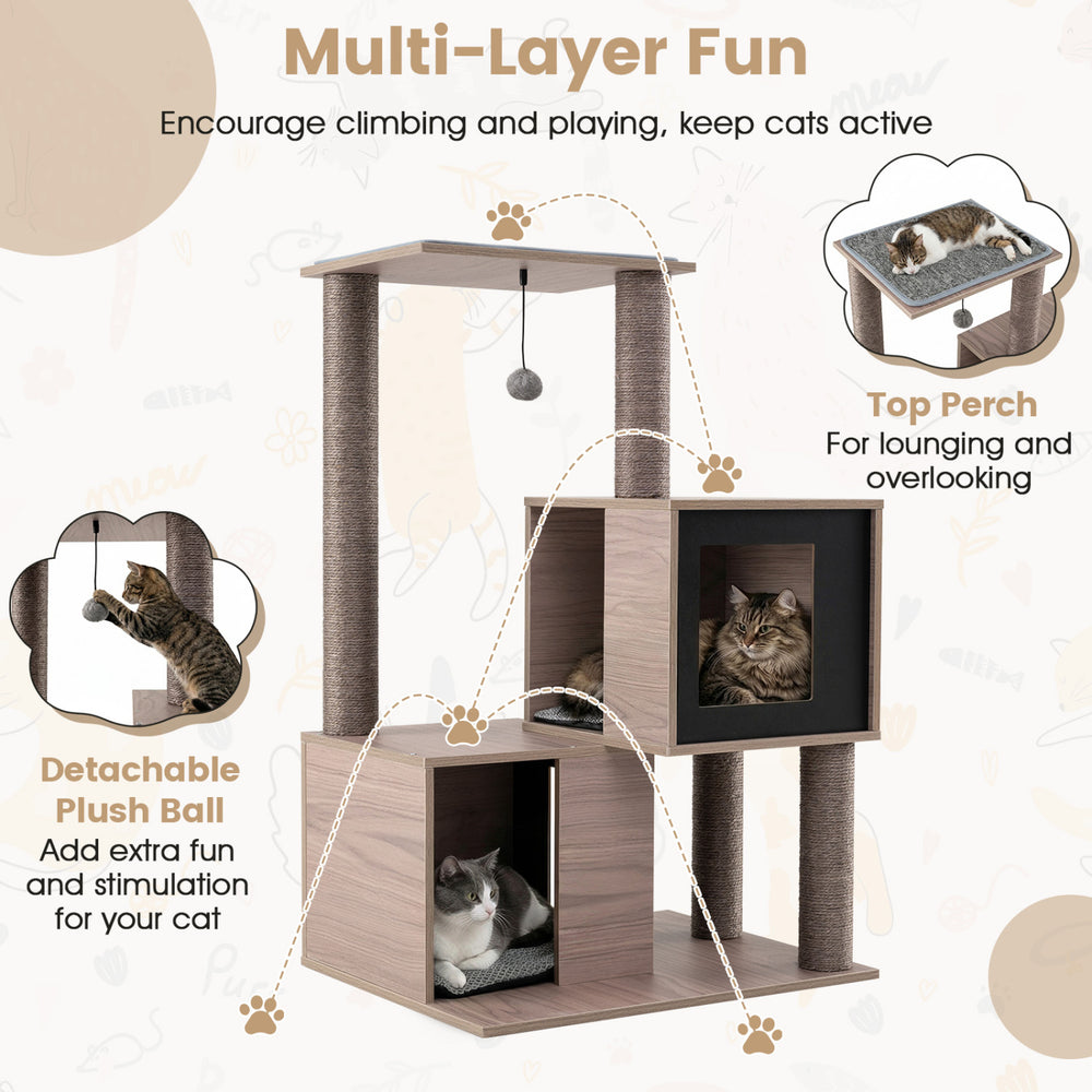 37 Inch Multi-Level Wooden Cat Tower with Condos and Perch Cat Tree - view 7