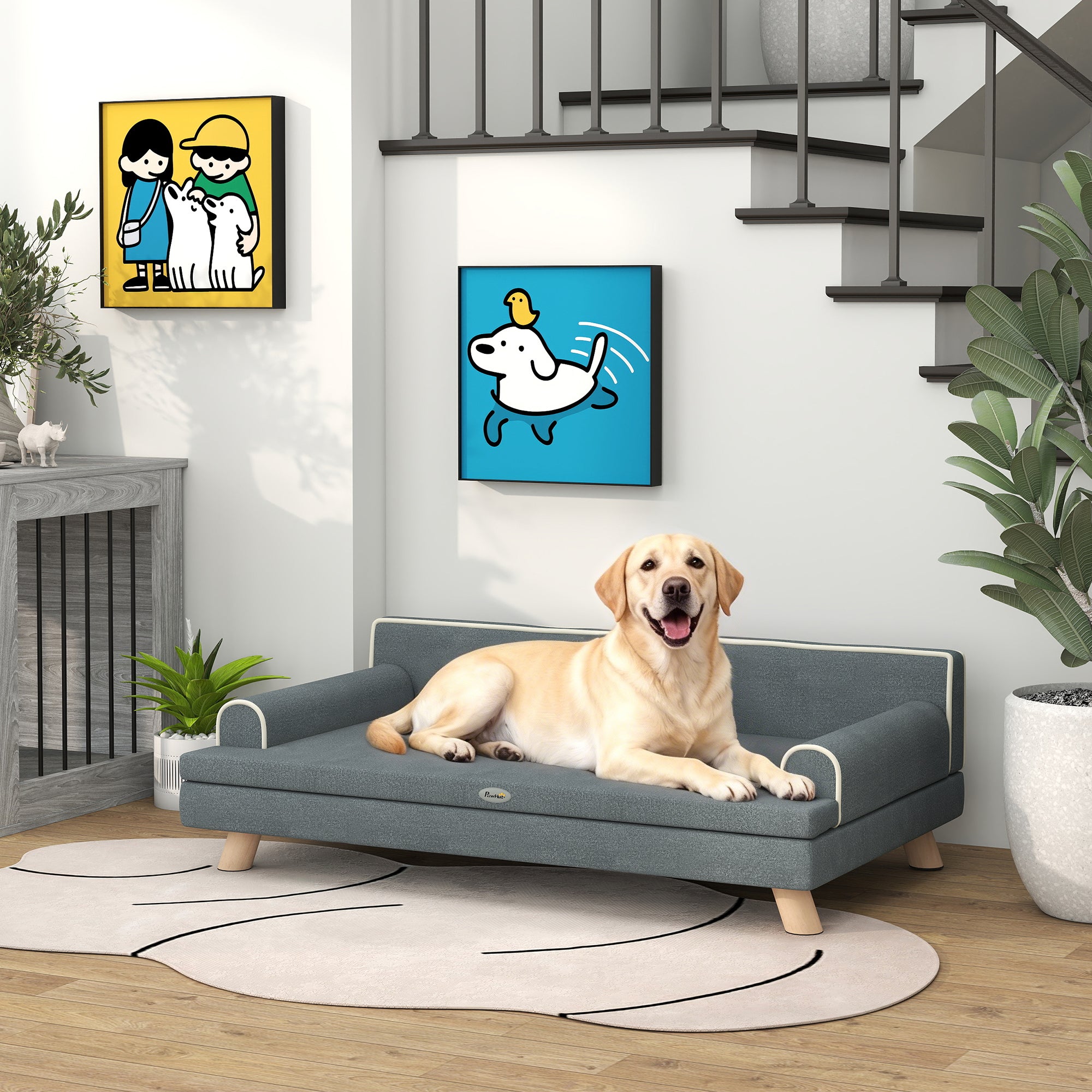 Elevated Dog Sofa Bed, Cat Couch with Cushion, Washable Cover, Wooden Legs - view 7