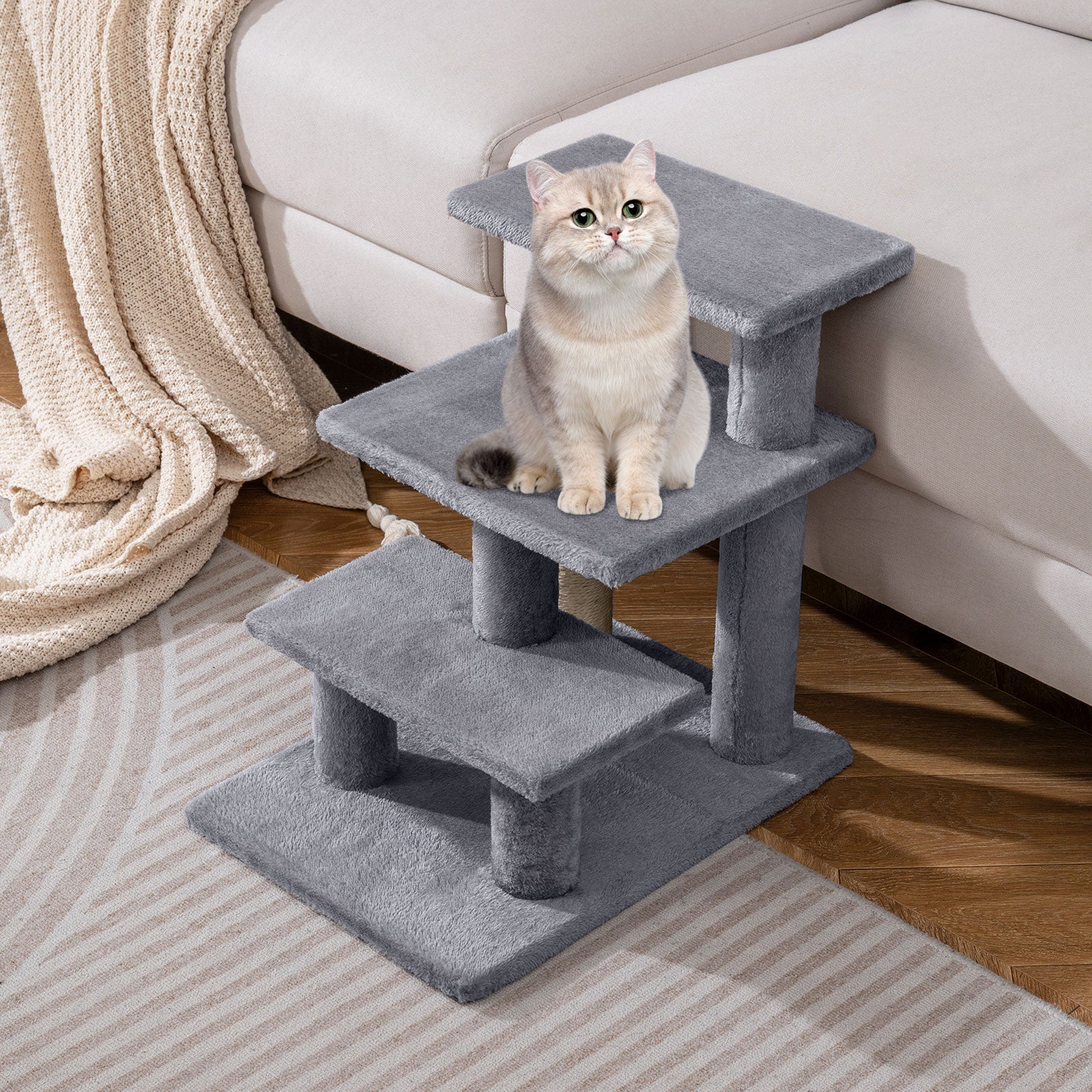 3-Tier Cat Stairs 19 Inch Plush Steps with Scratching Posts for High Bed Sofa - view 2