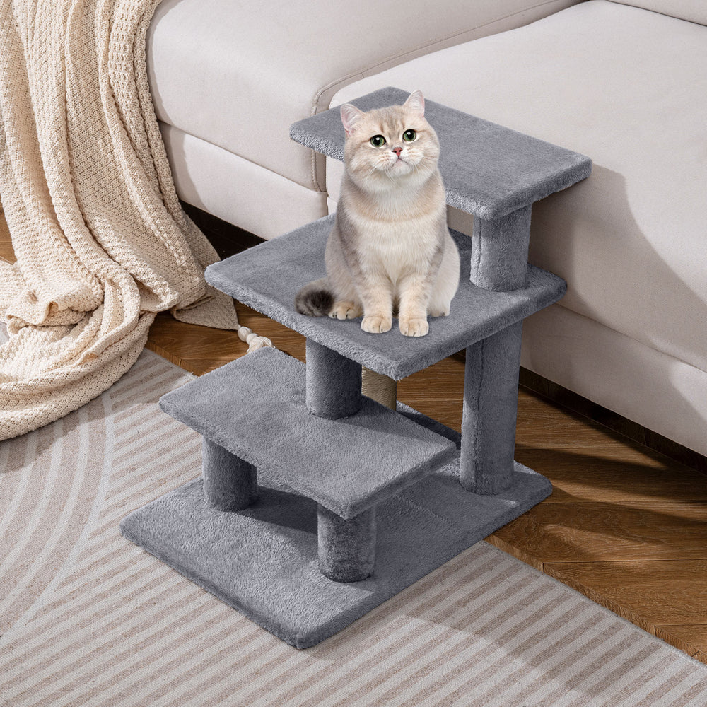 3-Tier Cat Stairs 19 Inch Plush Steps with Scratching Posts for High Bed Sofa - view 2