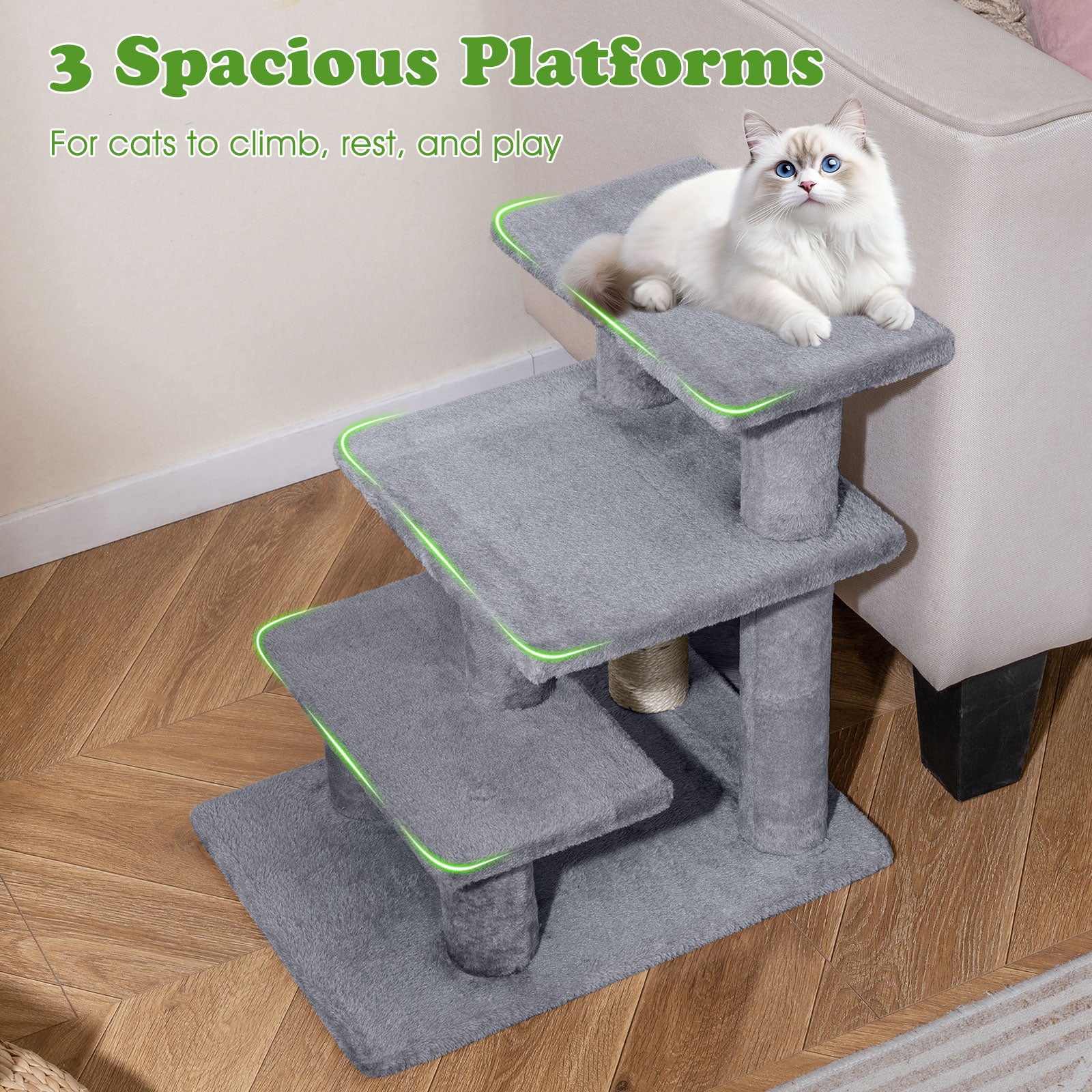 3-Tier Cat Stairs 19 Inch Plush Steps with Scratching Posts for High Bed Sofa - view 7