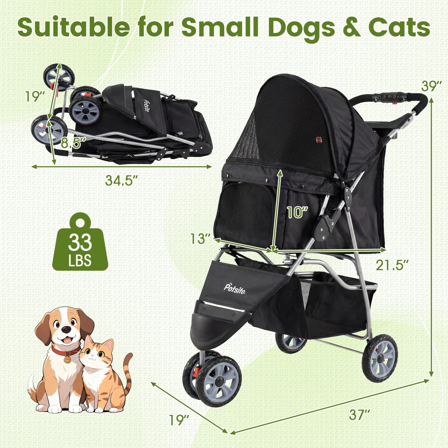 3 Wheel Pet Stroller for Small Dogs Cats up to 33 LBS - view 5