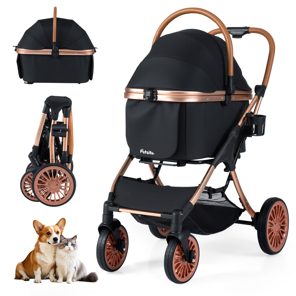 3-in-1 Foldable Pet Stroller with Sun Shade and Safety Belt for up to 55 lbs