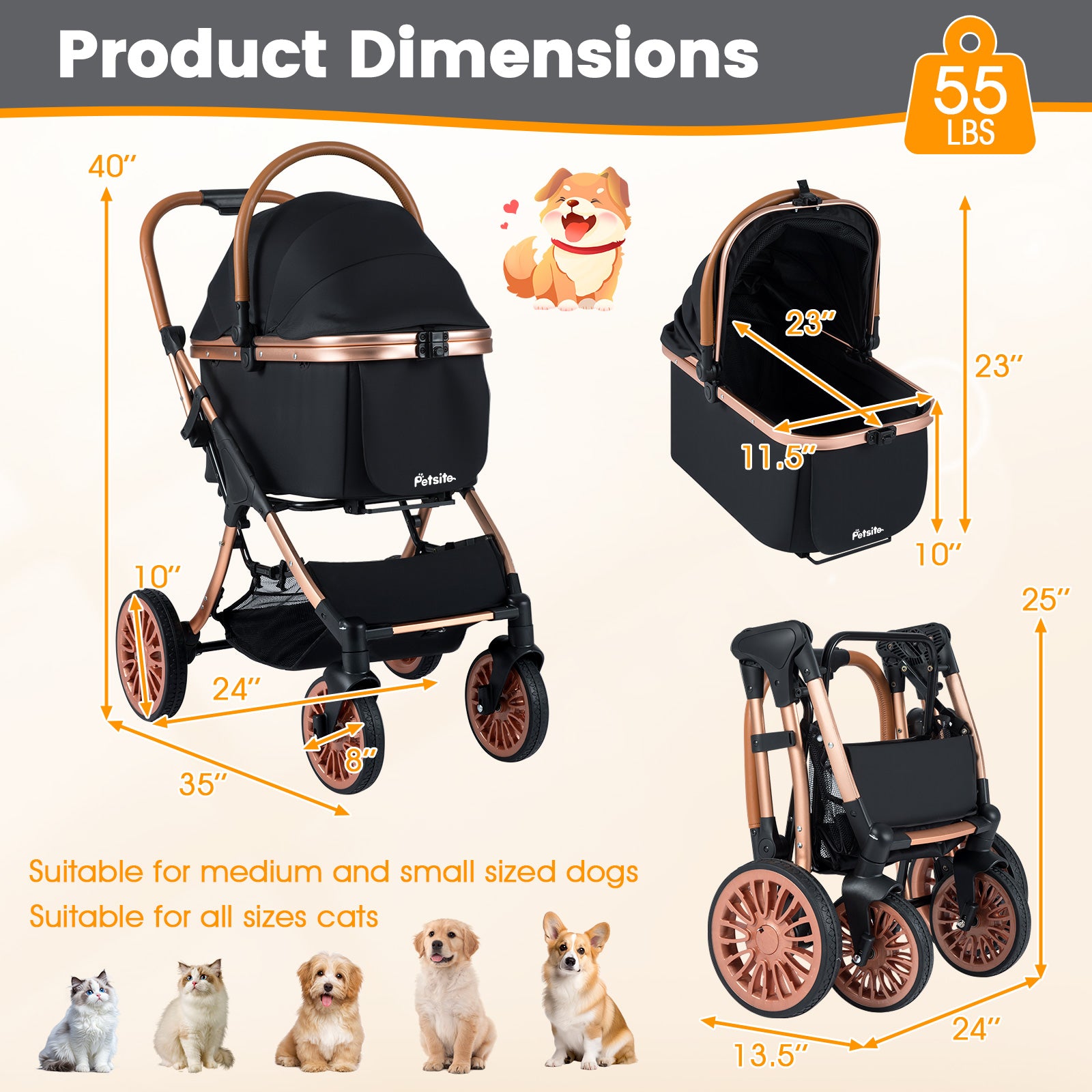 3-in-1 Foldable Pet Stroller with Sun Shade and Safety Belt for up to 55 lbs - view 5