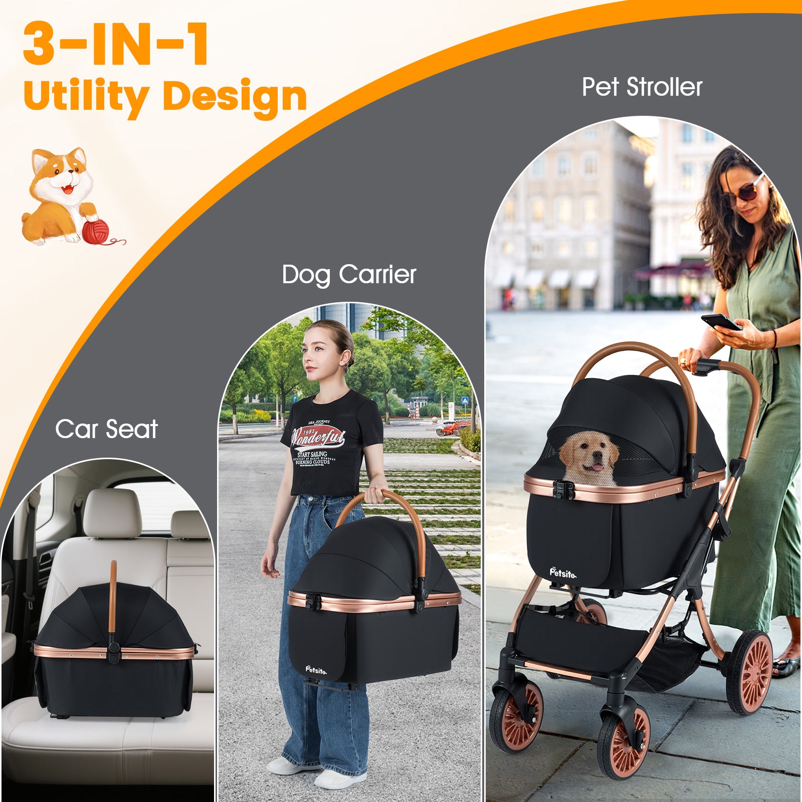 3-in-1 Foldable Pet Stroller with Sun Shade and Safety Belt for up to 55 lbs - view 6