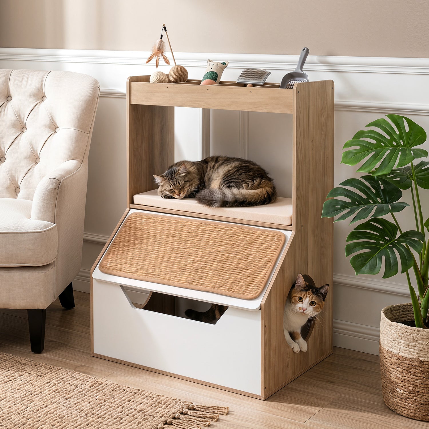 3-in-1 Hidden Cat House Cabinet with 4 Cubbies Removable Cushion and Scratching - view 3