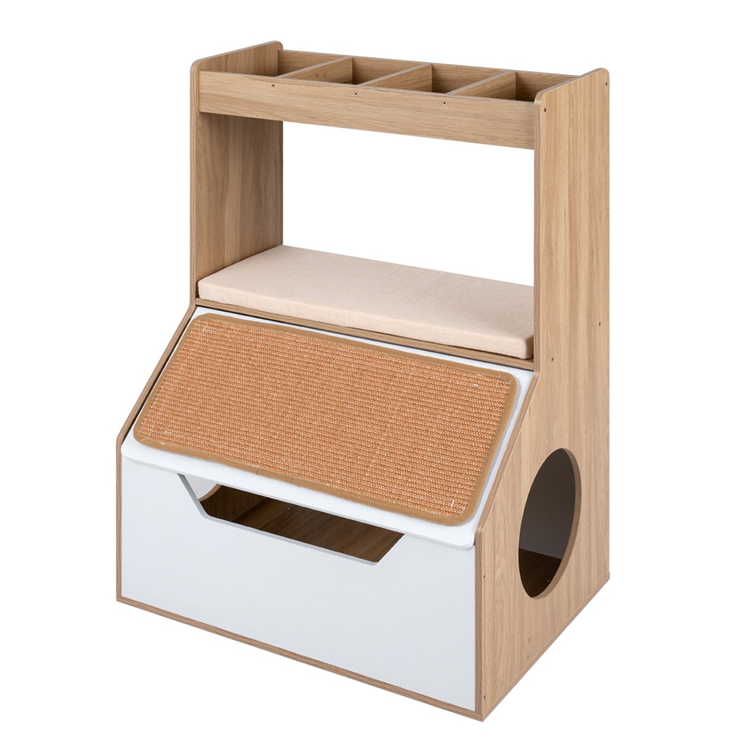 3-in-1 Hidden Cat House Cabinet with 4 Cubbies Removable Cushion and Scratching - view 4