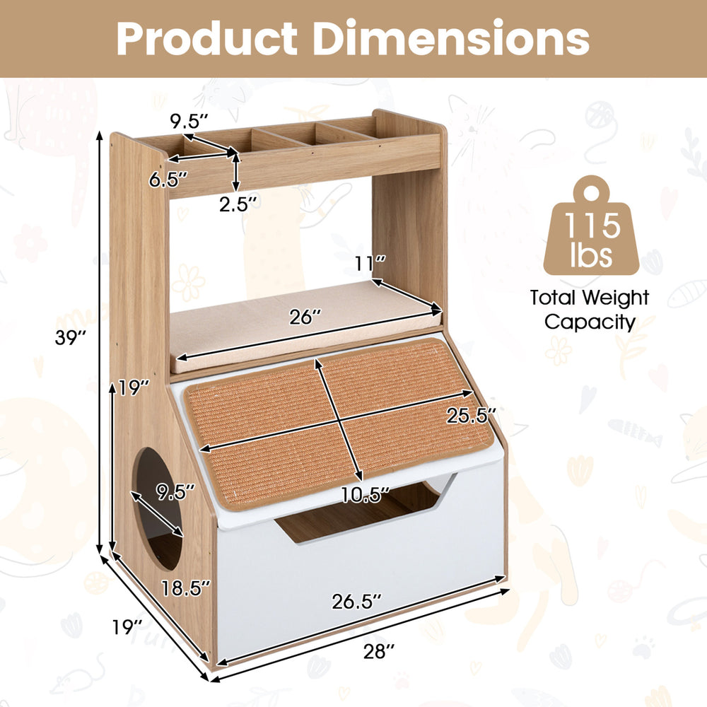3-in-1 Hidden Cat House Cabinet with 4 Cubbies Removable Cushion and Scratching - view 5