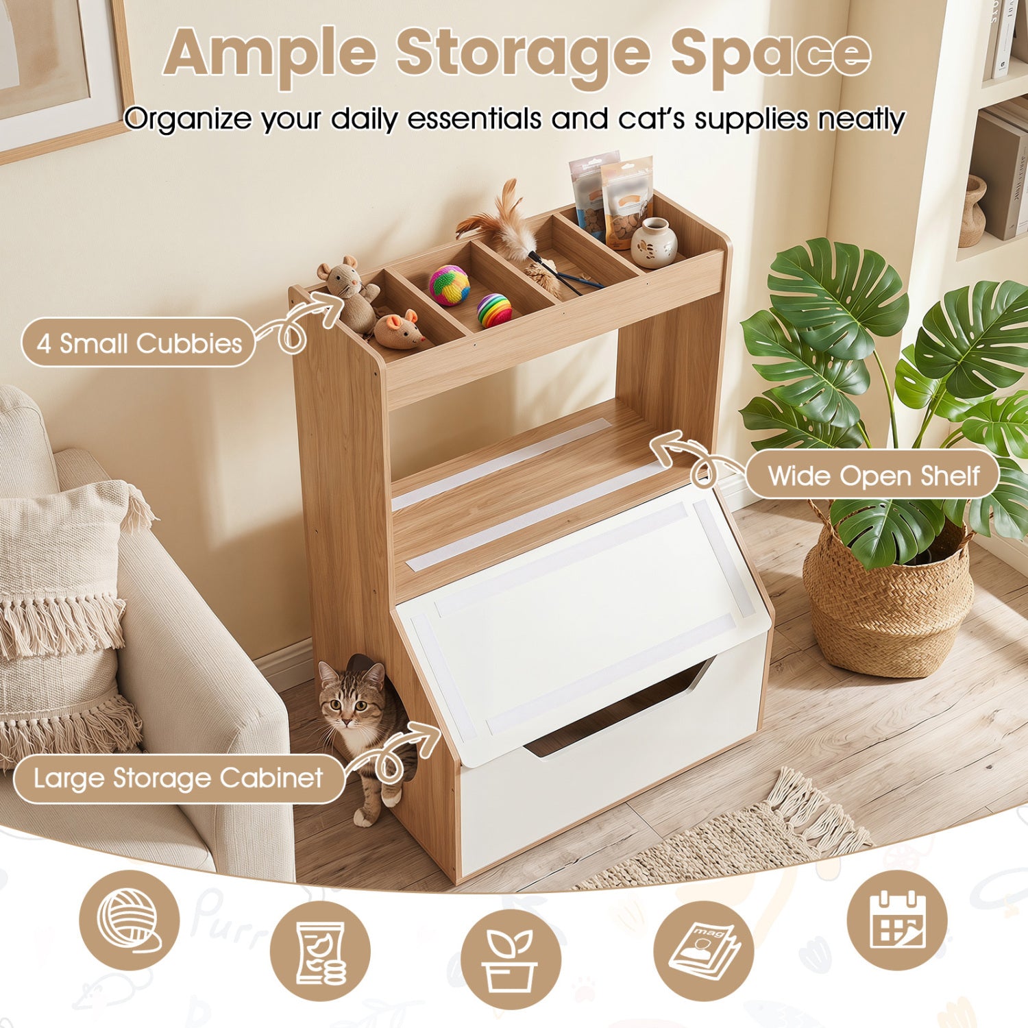 3-in-1 Hidden Cat House Cabinet with 4 Cubbies Removable Cushion and Scratching - view 6