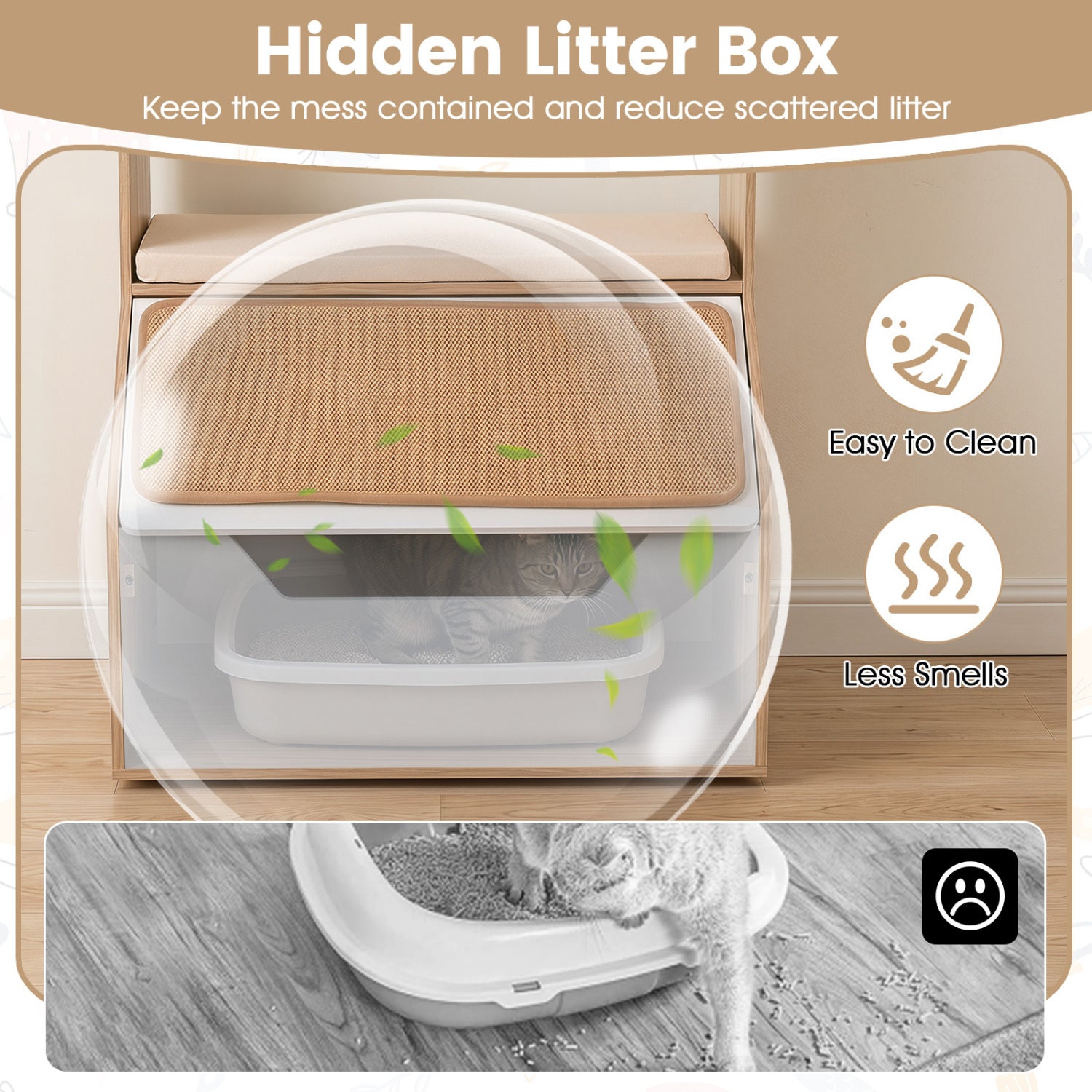 3-in-1 Hidden Cat House Cabinet with 4 Cubbies Removable Cushion and Scratching - view 8