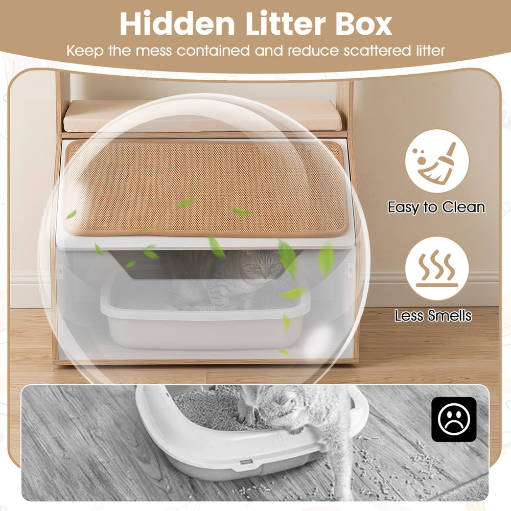3-in-1 Hidden Cat House Cabinet with 4 Cubbies Removable Cushion and Scratching - view 8