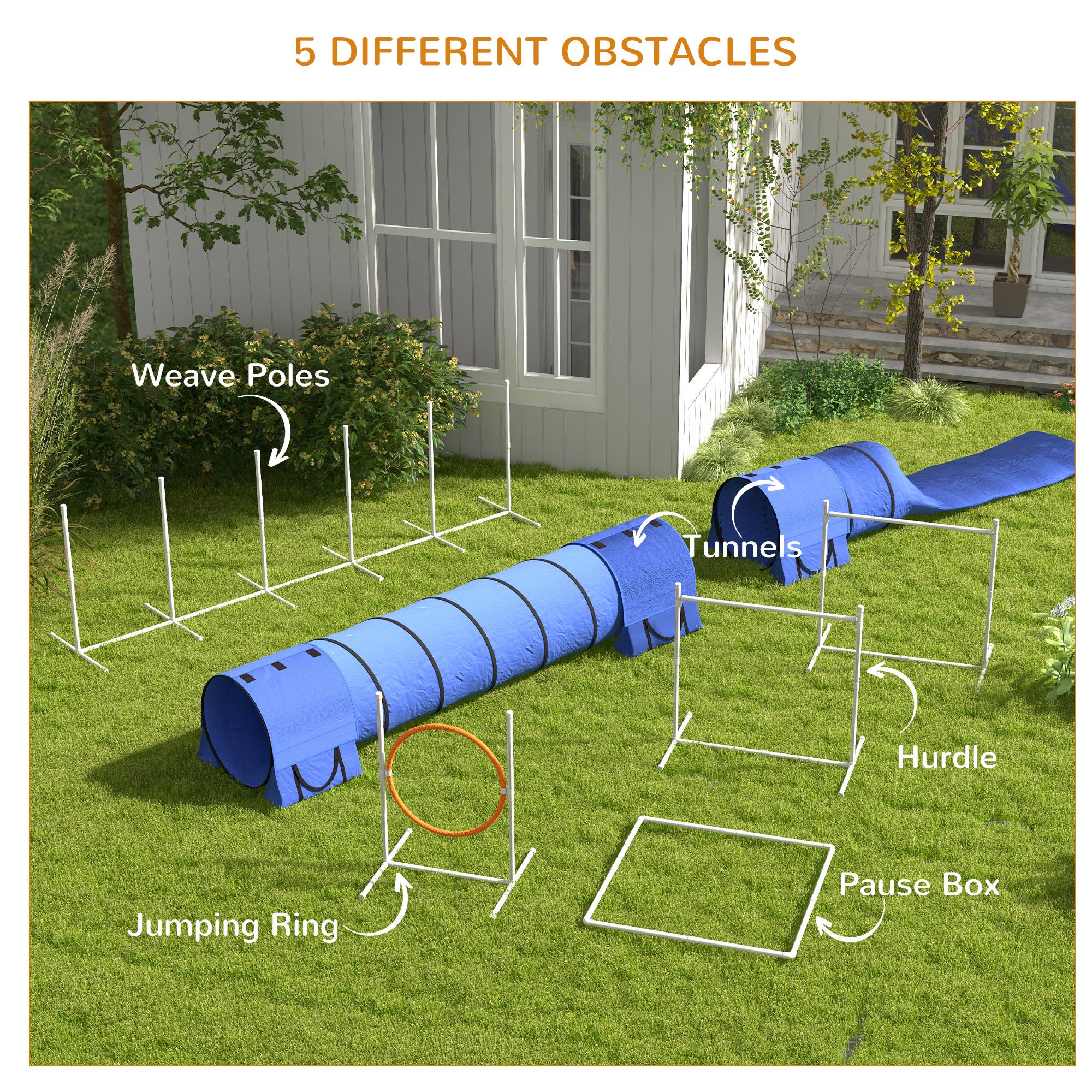 7 Pcs Dog Agility Kit w/ Tunnels, Weave Poles, Adjustable Hurdles, Jump Ring - view 4