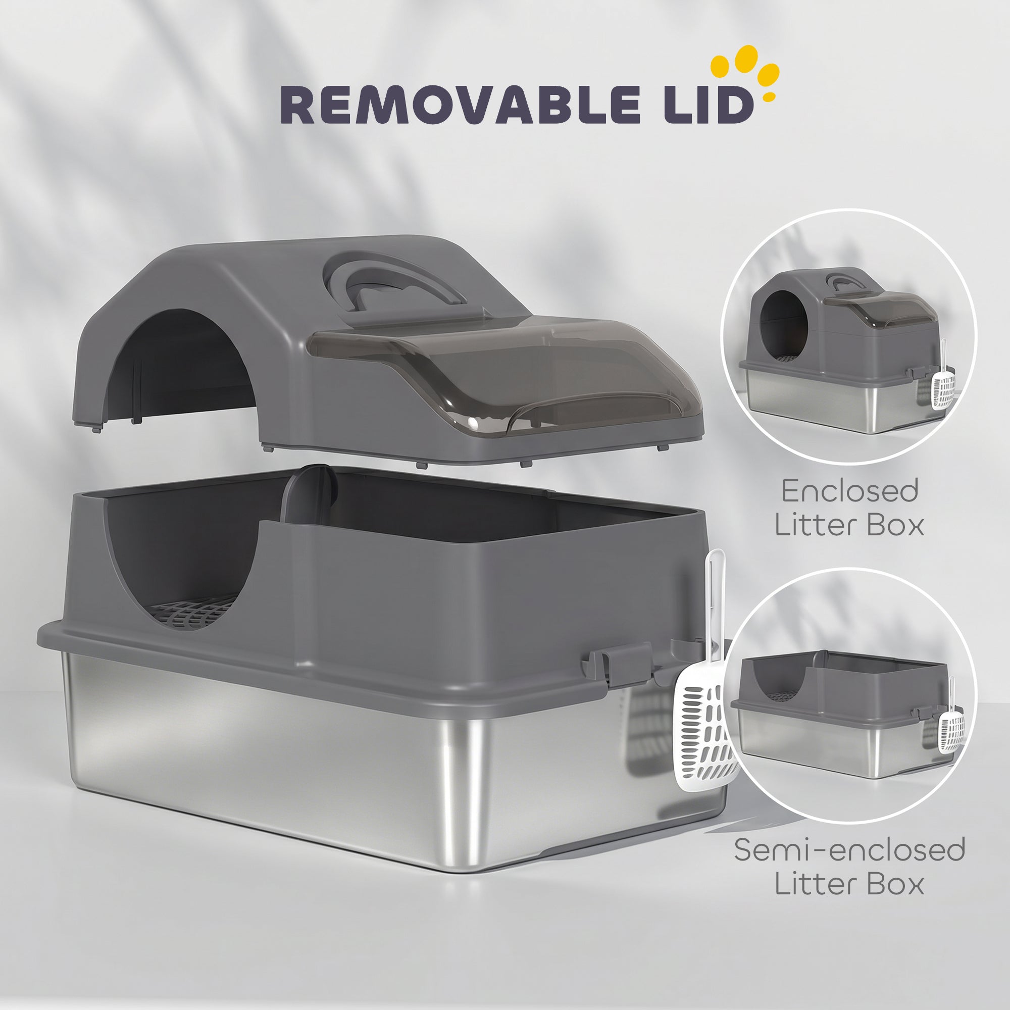 Extra Large Stainless Steel Cat Litter Box w/ High Sided, Removable Lid, Scoop - view 3