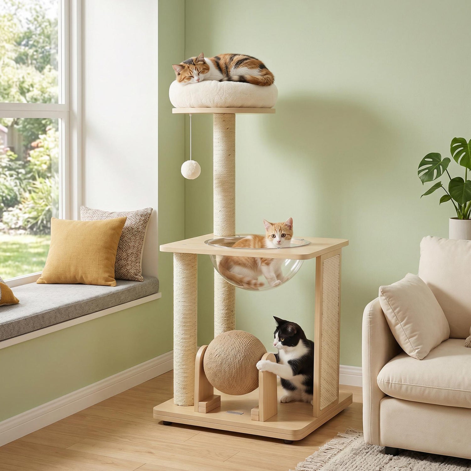 40" Solid Wood Cat Tree with Space Capsule & Sisal Posts and Scratching Board - view 2