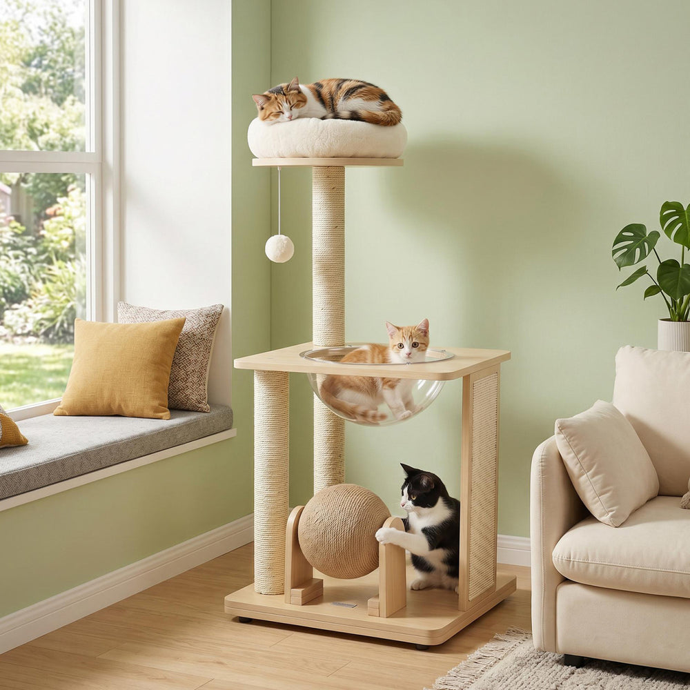 40" Solid Wood Cat Tree with Space Capsule & Sisal Posts and Scratching Board - view 2