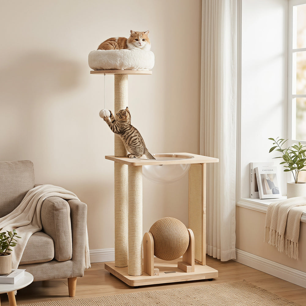 40" Solid Wood Cat Tree with Space Capsule & Sisal Posts and Scratching Board - view 3
